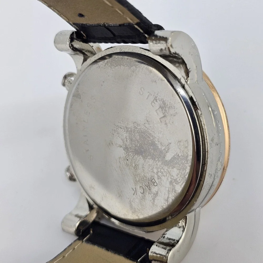 Men's Analog Watch 43MM Black Dial‎ Black Faux Leather Bands New Battery